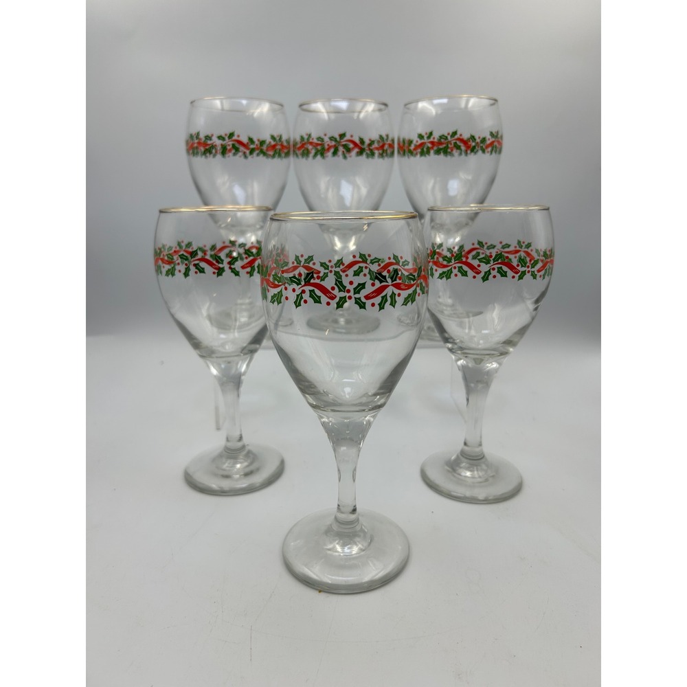 Vintage Pfaltzgraff Christmas Heritage Goblets Set 6 Gold Rim Holly Holiday